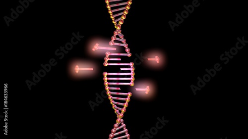 DNA molecule structure , strand , repair, editing and manipulation.3d rendering. Orange lighting. Vertical view