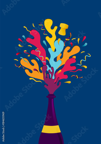 New Year colorful party champagne bottle splash