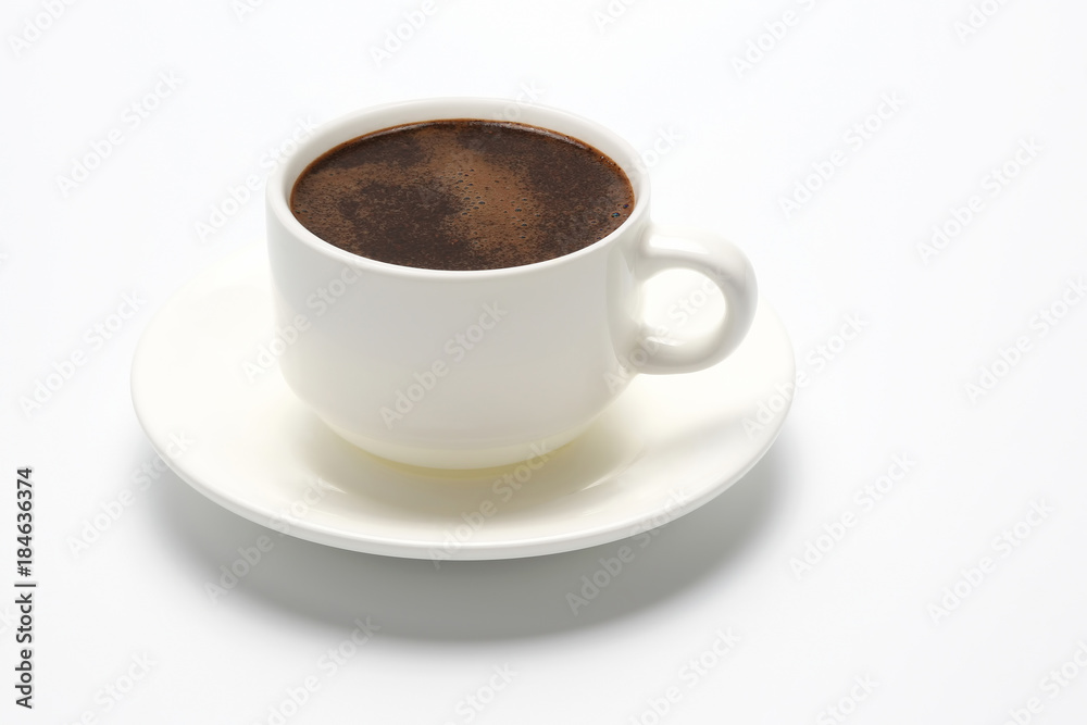 white Cup with black coffee on white background