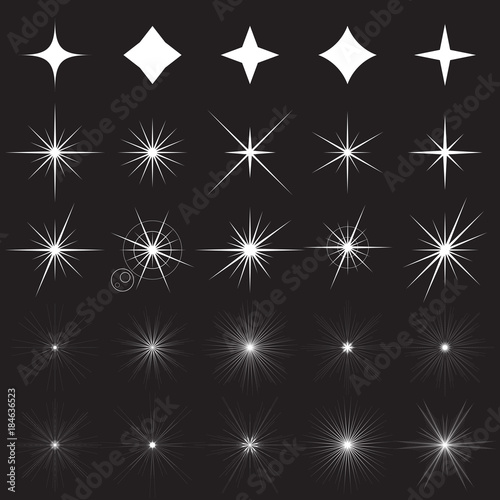 Sparkle symbols. Collection of white sparkle icons and illustrations of bright flashes of light on a black background. Vector
