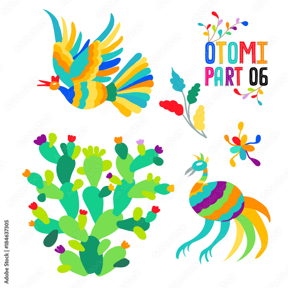 Vector folk Mexican Otomi Style embroidery Pattern set. Folk embroidery ornament elements.