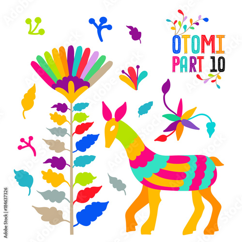 Vector folk Mexican Otomi Style embroidery Pattern set. Folk embroidery ornament elements.