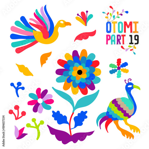 Vector folk Mexican Otomi Style embroidery Pattern set. Folk embroidery ornament elements.