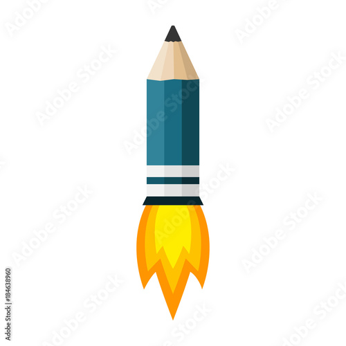 Rocket pencil with fire. Vector illustration.