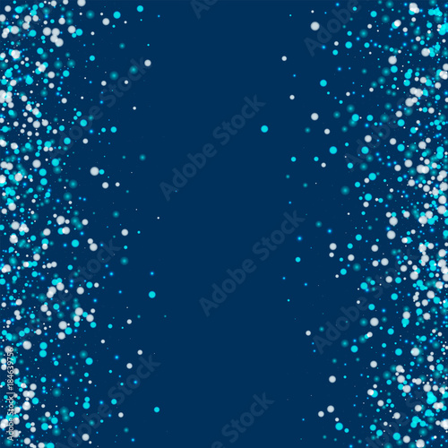 Amazing falling snow. Scattered frame with amazing falling snow on deep blue background. Symmetrical Vector illustration.