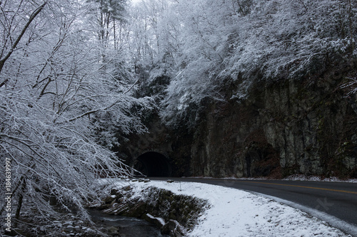 Tunnel and curvy windy road and mountain stream through snow covered woods in Great Smoky Mountains National Park © Martina