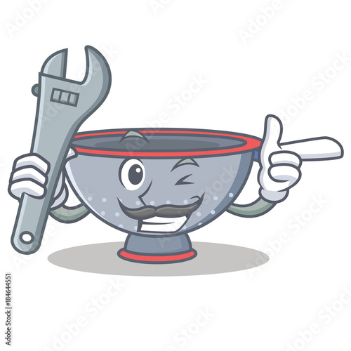 Mechanic colander utensil character cartoon