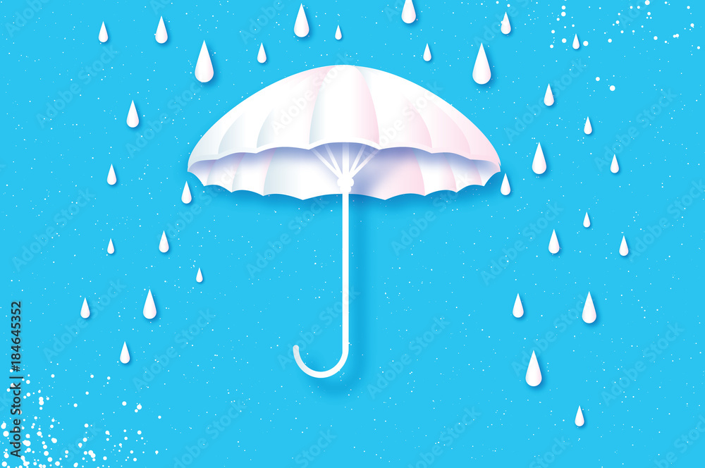White umbrella. Air with raining. Origami Rain drop. Rainy weather. Protection and safety. Parasol on blue sky. Happy Monsoon season.
