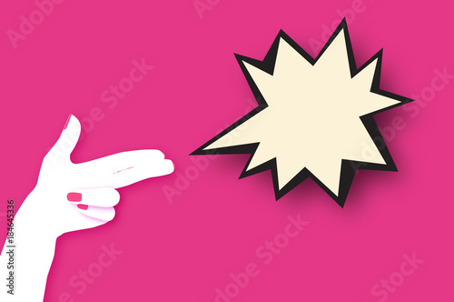 Origami Female holding Two fingers like a revolver in paper cut style. Dynamic Bang speech bubble on pink. Origami Woman hand. Space for text. Speech bubble.