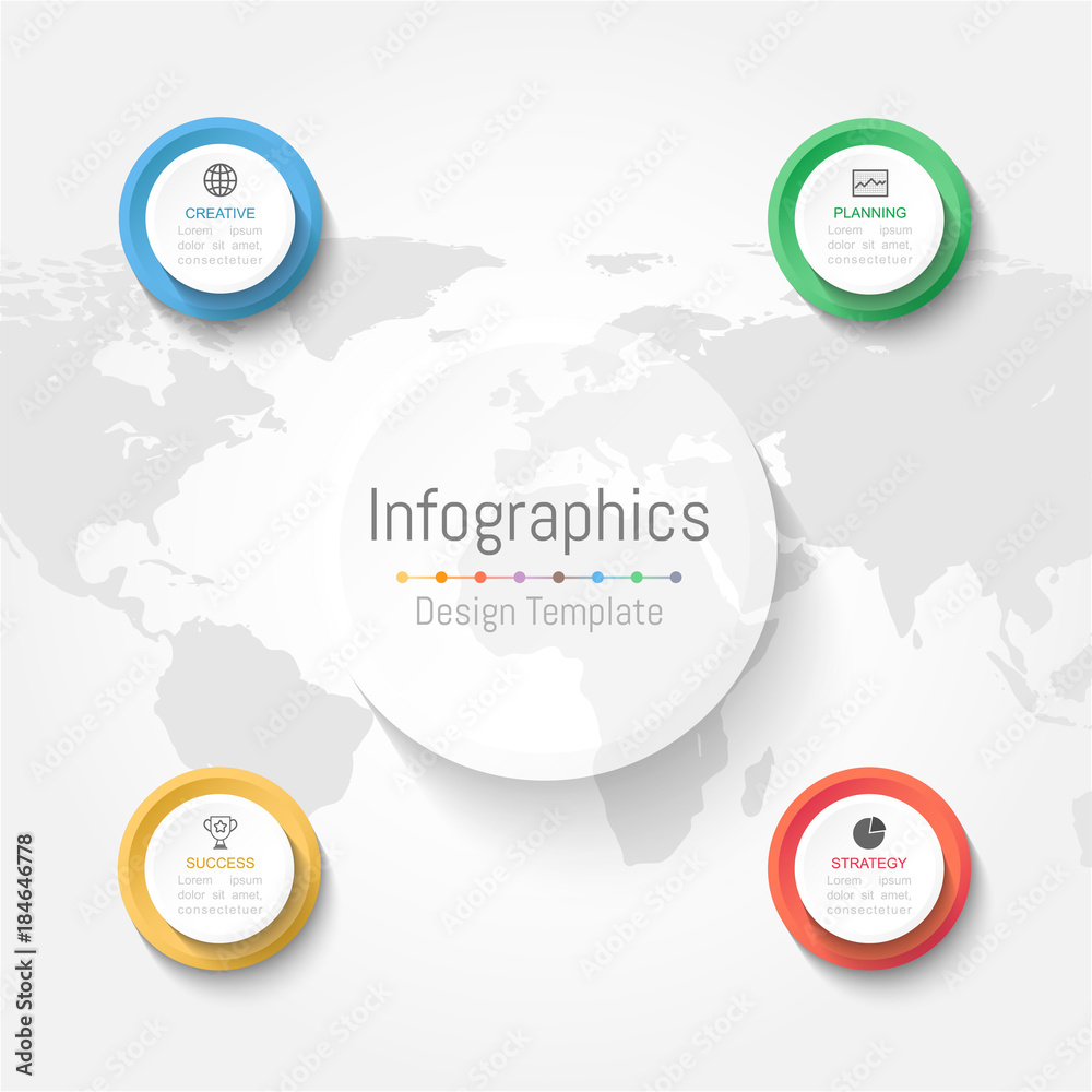 Fototapeta premium Infographic design elements for your business data with 4 options, parts, steps, timelines or processes. Vector Illustration. World map of this image furnished by NASA