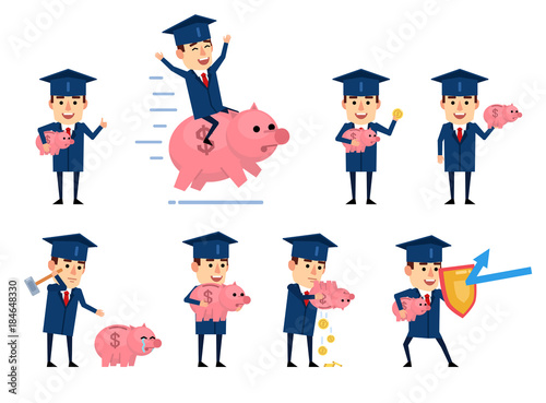 Set of funny graduate student characters posing with piggy bank. Cheerful graduate holding piggy bank, saving money and showing other actions. Flat style vector illustration