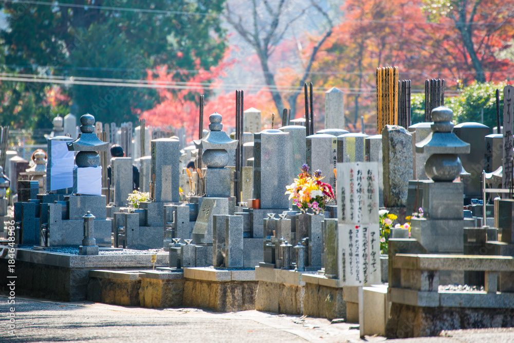 The Japanese tombstone and graveyard in a public park, Arashiyama