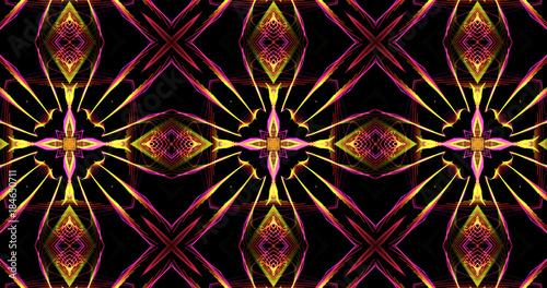 Abstract Kaleidoscope Patterns On Dark Background In Purple Orange Yellow Lines