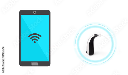 Mini behind the ear hearing aids connected to a smartphone via wireless connection.