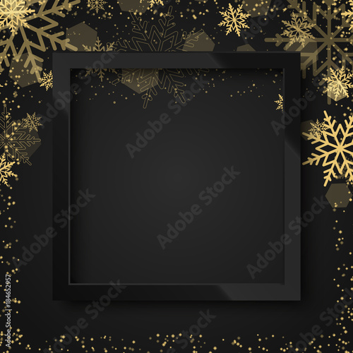 Happy New Year 2018 black background with black frame and gold snow. Vector