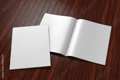 Blank white catalog, magazines, book mock up on wood background. 3d render illustration.