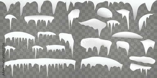 Set of realistic borders with snow and icicles on transparent background, vector illustration