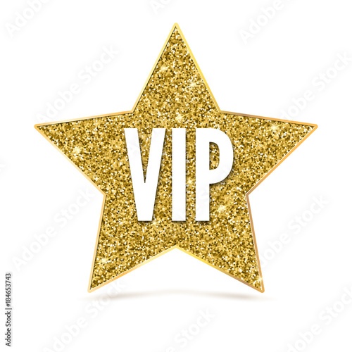 Five-pointed gilden star with and the inscription VIP. Sign of exclusivity and elitism with bright, glow, 3D illustration. Template for vip banners or card, exclusive certificate. photo