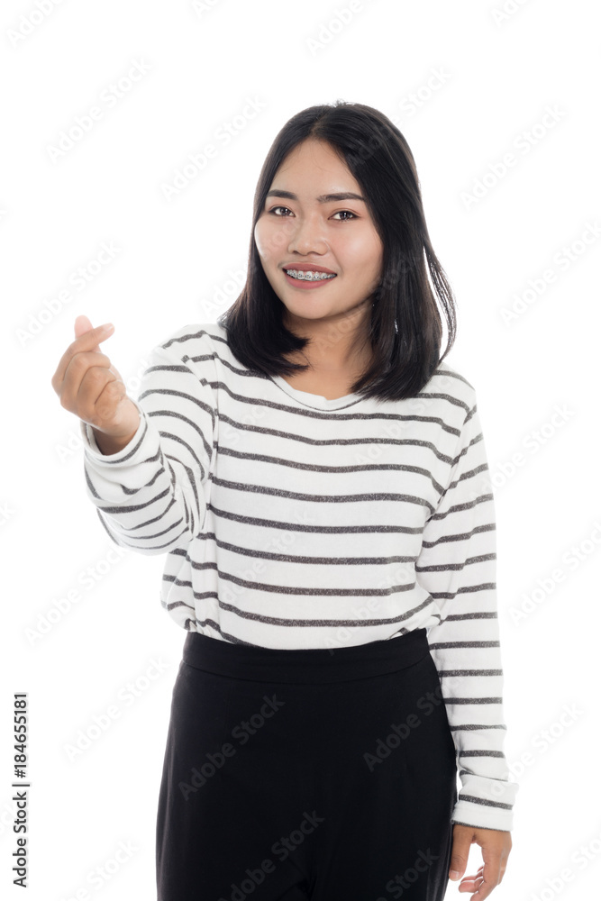 portrait of a beautiful asian woman smiling and showing love sign hand. Isolated on white background portrait of a beautiful asian woman smiling and showing love sign hand. Isolated on white background