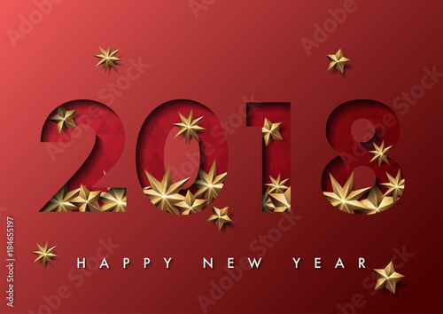 2018 merry christmas and happy new year vector greeting card and poster design with golden ribbon,star and confetti.