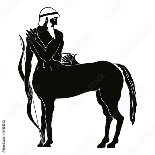 Mythical creature Centaur with a bow and arrows. Vector vintage Greek national style. Black pattern isolated on white background.