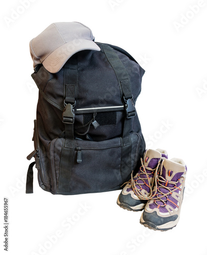 Black backpack, cap and shoes backpackers isolated on white background