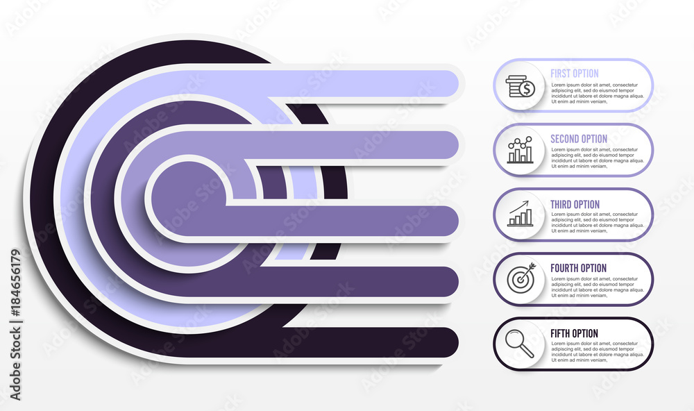 Infographic design vector and marketing icons can be used for workflow layout, diagram, annual report, web design. Business concept with 5 options, steps or processes Infographic design vector and marketing icons can be used for workflow layout, diagram, annual report, web design. Business concept with 5 options, steps or processes