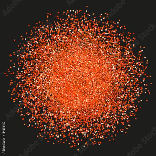 Orange sparkles and glittering powder spray. Sparkling glitter particles explosion on vector black transparent background. Orange star light shining or luxury fireworks and confetti outburst