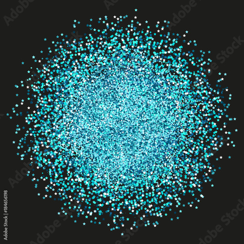 Blue sparkles and glittering powder spray. Sparkling glitter particles explosion on vector black transparent background. Blue star light shining or luxury fireworks and confetti outburst