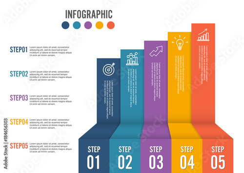 Business growth 5 step infographics option. Template for presentation and workflow layout. Abstract background.