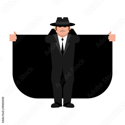 Smuggler selling something. Cloak-seller isolated. Dealer in hat and coat . Bootlegger. Seller prohibited goods of black marke. Legitimate trade. Vector illustration