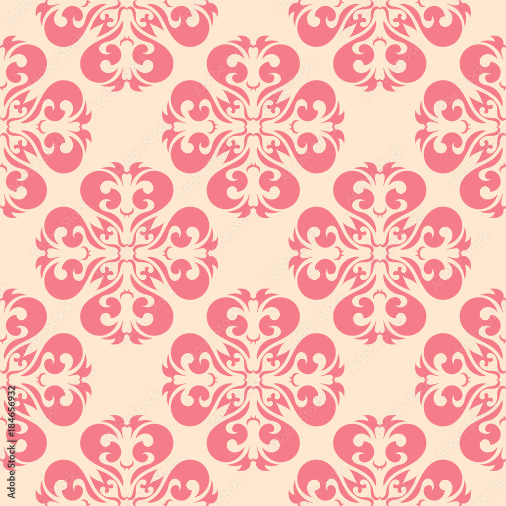 Red flowers on beige background. Ornamental seamless pattern