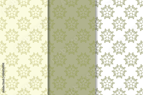 Set of olive green floral backgrounds. Seamless patterns