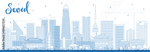 Outline Seoul Korea Skyline with Blue Buildings.