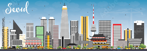 Seoul Korea Skyline with Color Buildings and Blue Sky.