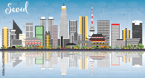 Seoul Korea Skyline with Color Buildings, Blue Sky and Reflections.