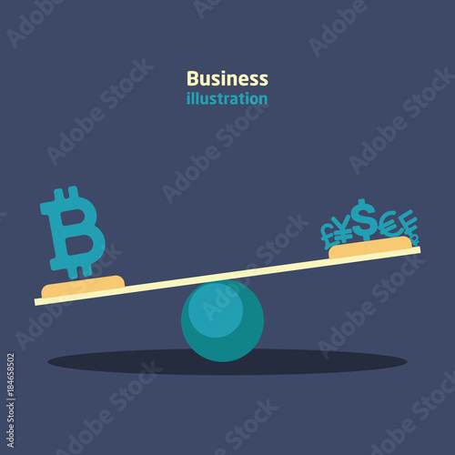 Balance with bitcoin against the dollar, euro, yen, pound, franc, ruble. Currency icons with growth charts and recessions.