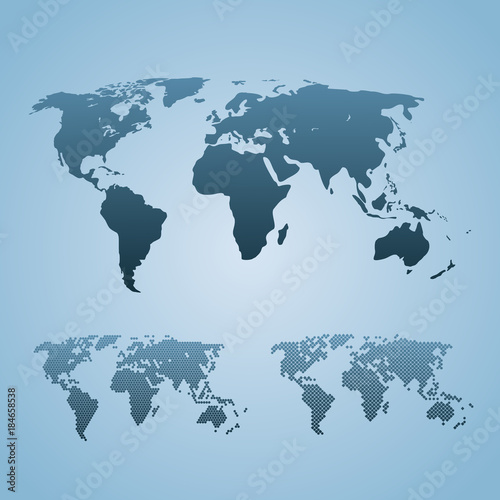 Three stylized world maps are isolated. World map world template, web design, cover, annual reports, infographics. Flat earth graph world map.