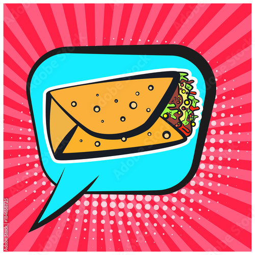 Bright retro comic speech bubble with burrito symbol. Outline colorful burritos on cute blue bubble with red stripes and halftone background for advertisement design, banner, label, menu