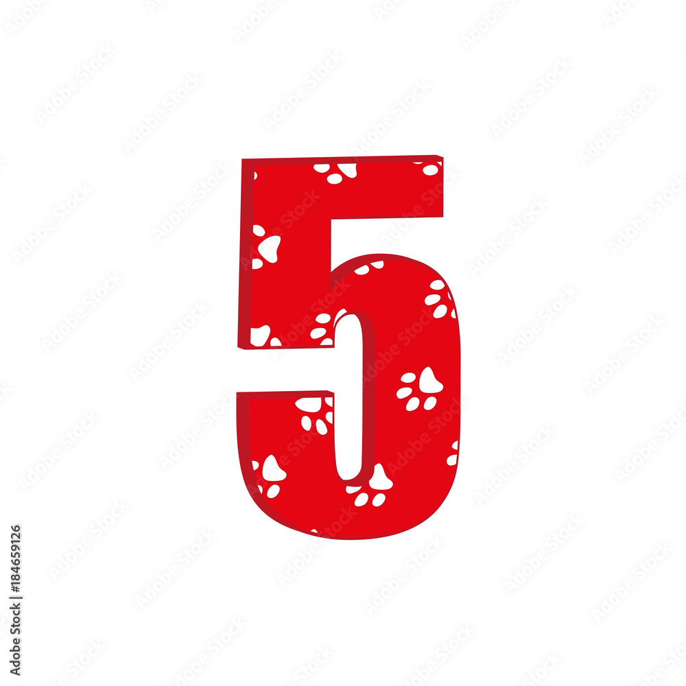 Cute 3d number 5 with traces of animals. White background Cute 3d number 5 with traces of animals. White background