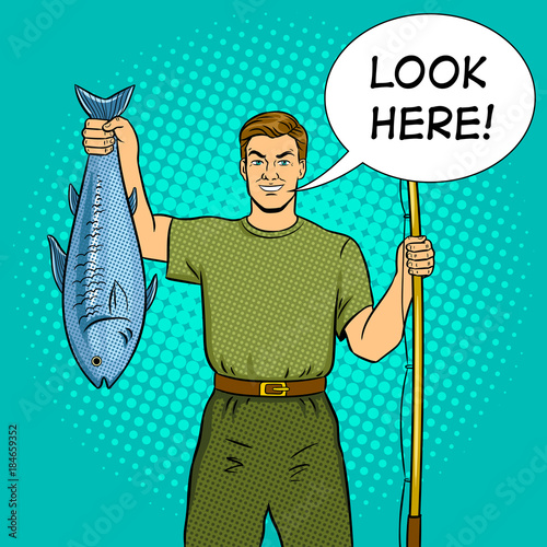 Fisherman with fishing rod and fish pop art vector