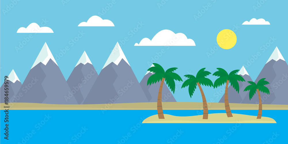 Mountain cartoon view of an island in the sea with hills, trees and gray mountains with peaks under snow under a blue day sky with clouds with a straight horizon