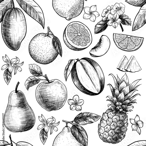 Fruits and flowers . Vector seamless pattern