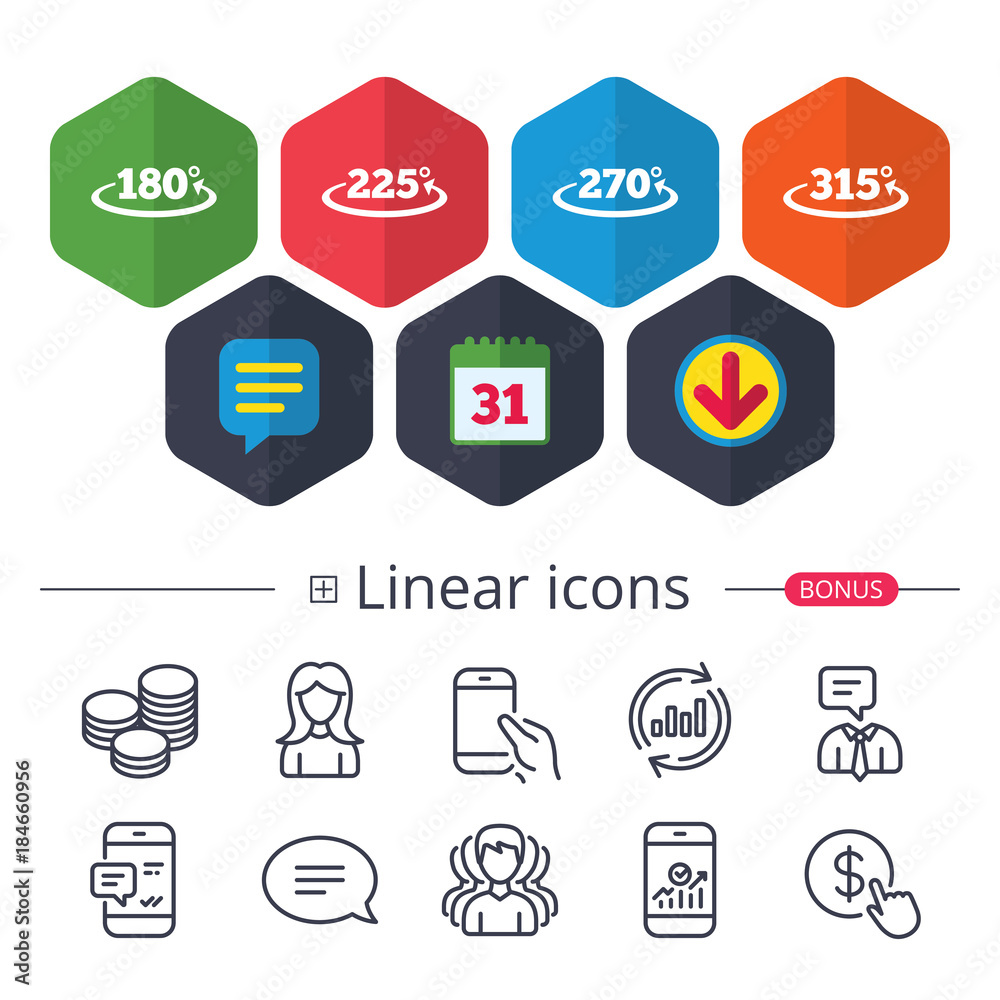 Angle degrees icons. Geometry math signs.