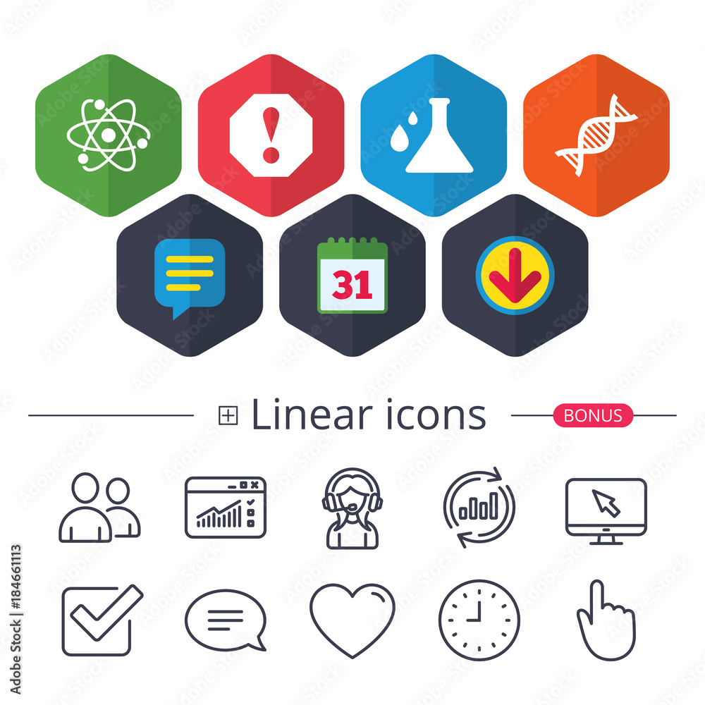 Attention and DNA icons. Chemistry flask. Attention and DNA icons. Chemistry flask.