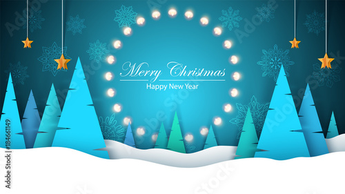 Winter cartoon paper landscape. Fir, moon, cloud, star,, snow. Merry christmas, Happy new year.
