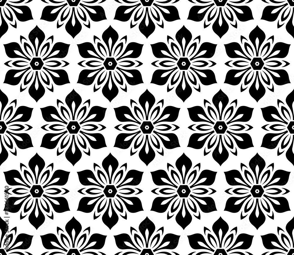 Floral vector black and white ornament. Seamless abstract classic background with flowers. Pattern with repeating floral elements