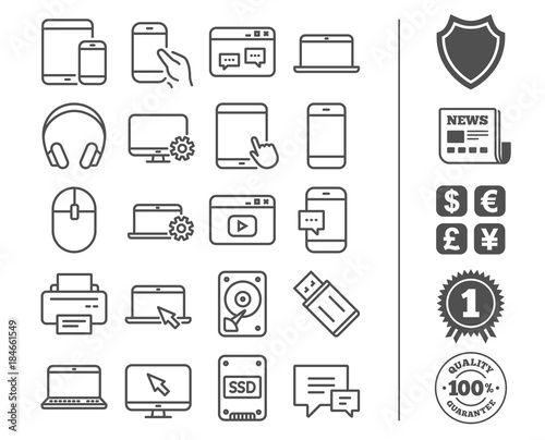 Mobile Devices line icons. Laptop, SSD and HDD.