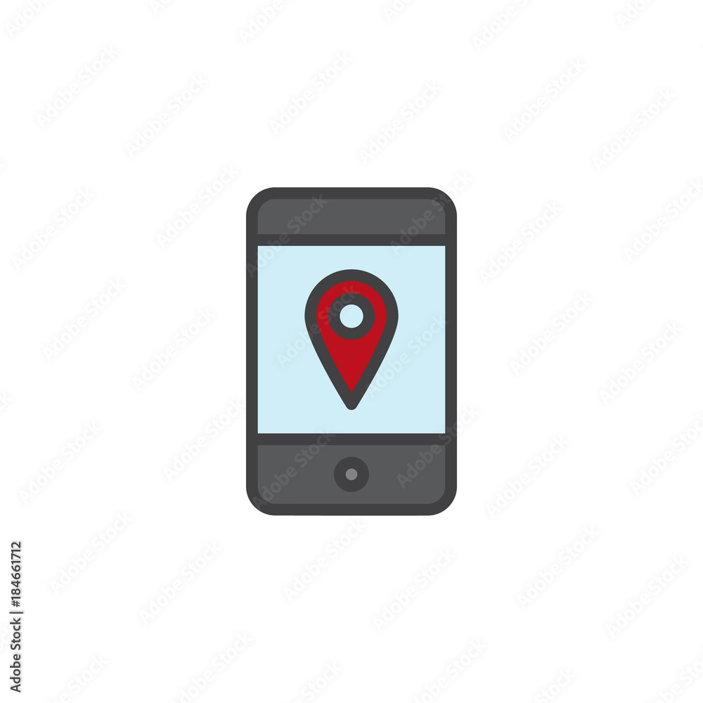 Smartphone with location pin filled outline icon, line vector sign, linear colorful pictogram isolated on white. GPS pin on mobile phone screen symbol, logo illustration. Pixel perfect vector graphics Smartphone with location pin filled outline icon, line vector sign, linear colorful pictogram isolated on white. GPS pin on mobile phone screen symbol, logo illustration. Pixel perfect vector graphics