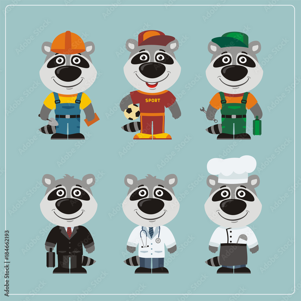 Obraz premium Set of raccoon in different costumes: builder, sportsman, worker, a doctor, manager, cook. Collection of raccoon in clothes in cartoon style.